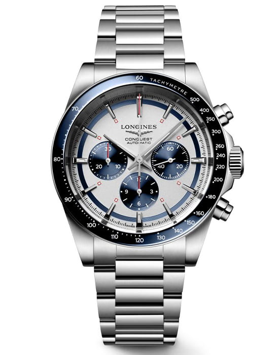 Longines Longines Conquest L3.835.4.98.6  L38354986  механические мужские часы желтый циферблат, браслет нержавеющая сталь — вид спереди