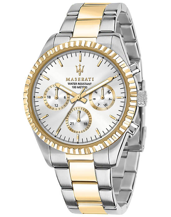 Maserati Maserati COMPETIZIONE R8853100021  R8853100021 кварцевые мужские часы серебристый циферблат, браслет сталь c pvd покрытием — вид спереди