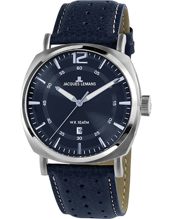 Jacques Lemans Jacques Lemans 1-1943H  1-1943H кварцевые мужские часы синий циферблат, браслет кожаный — вид спереди