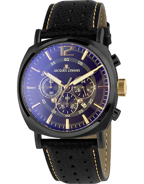 Jacques Lemans Jacques Lemans 1-1645O  1-1645O кварцевые мужские часы черный циферблат, браслет кожаный — вид спереди