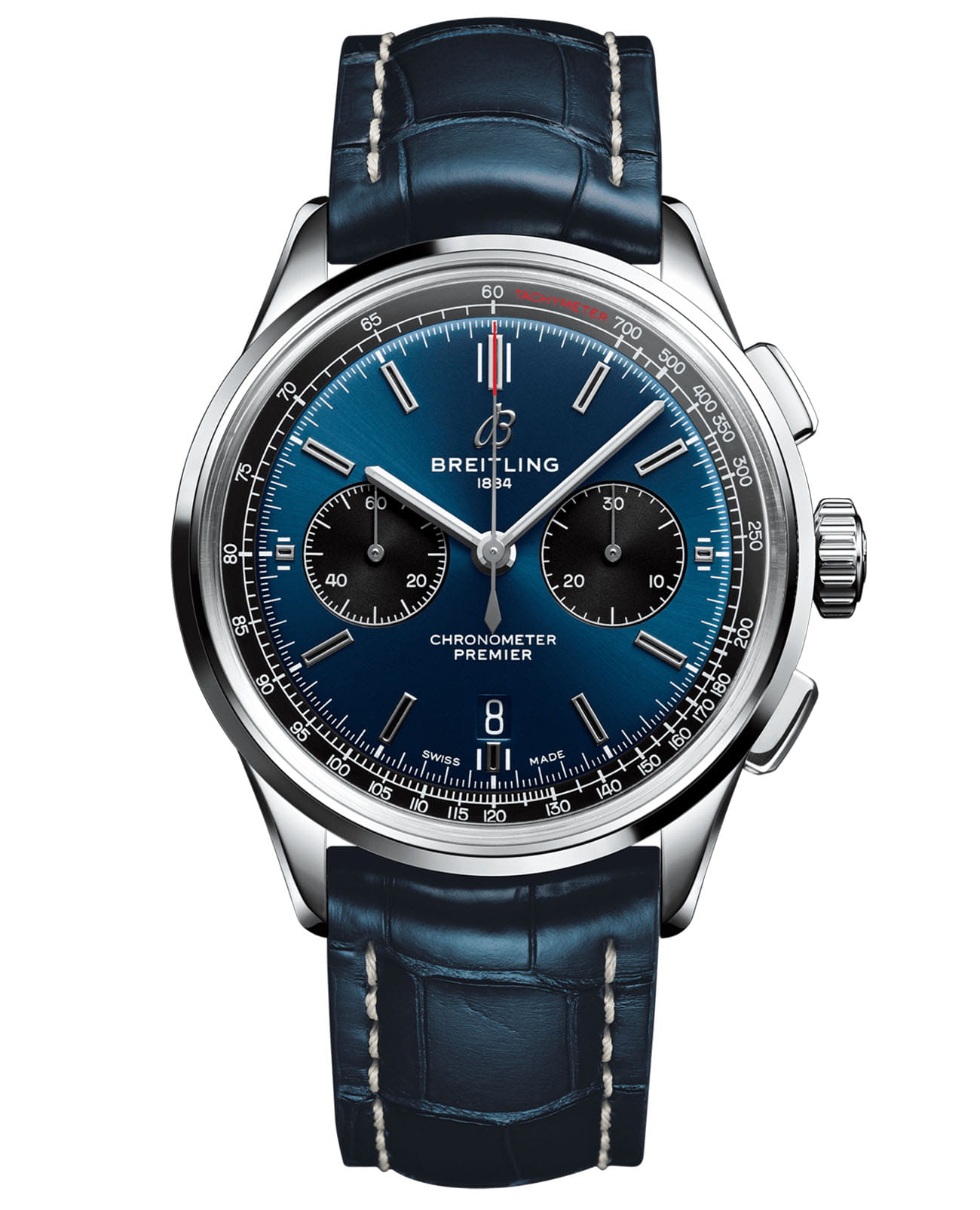 Breitling Breitling Premier B01 Chronograph 42 AB0118221C1P2  AB0118221C1P2 механические мужские часы синий циферблат, браслет кожаный — вид спереди