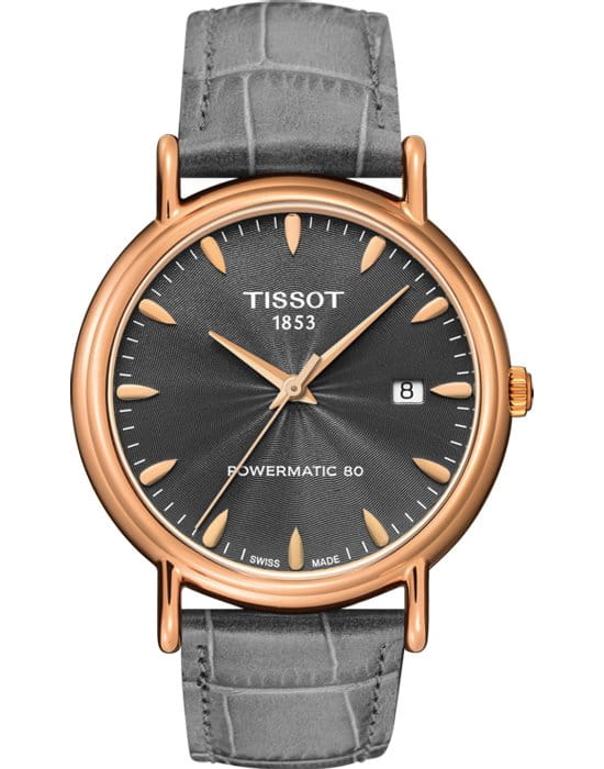 Tissot Tissot Carson Powermatic 80 18K Gold T907.407.76.081.00 Carson T9074077608100 механические мужские часы серый циферблат, браслет кожаный — вид спереди