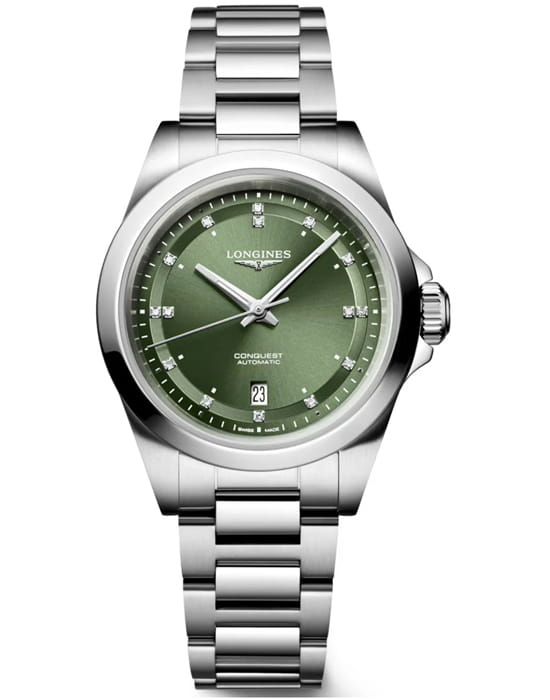 Longines Longines Conquest L3.320.4.07.6  L33204076 механические женские часы зеленый циферблат, браслет нержавеющая сталь — вид спереди