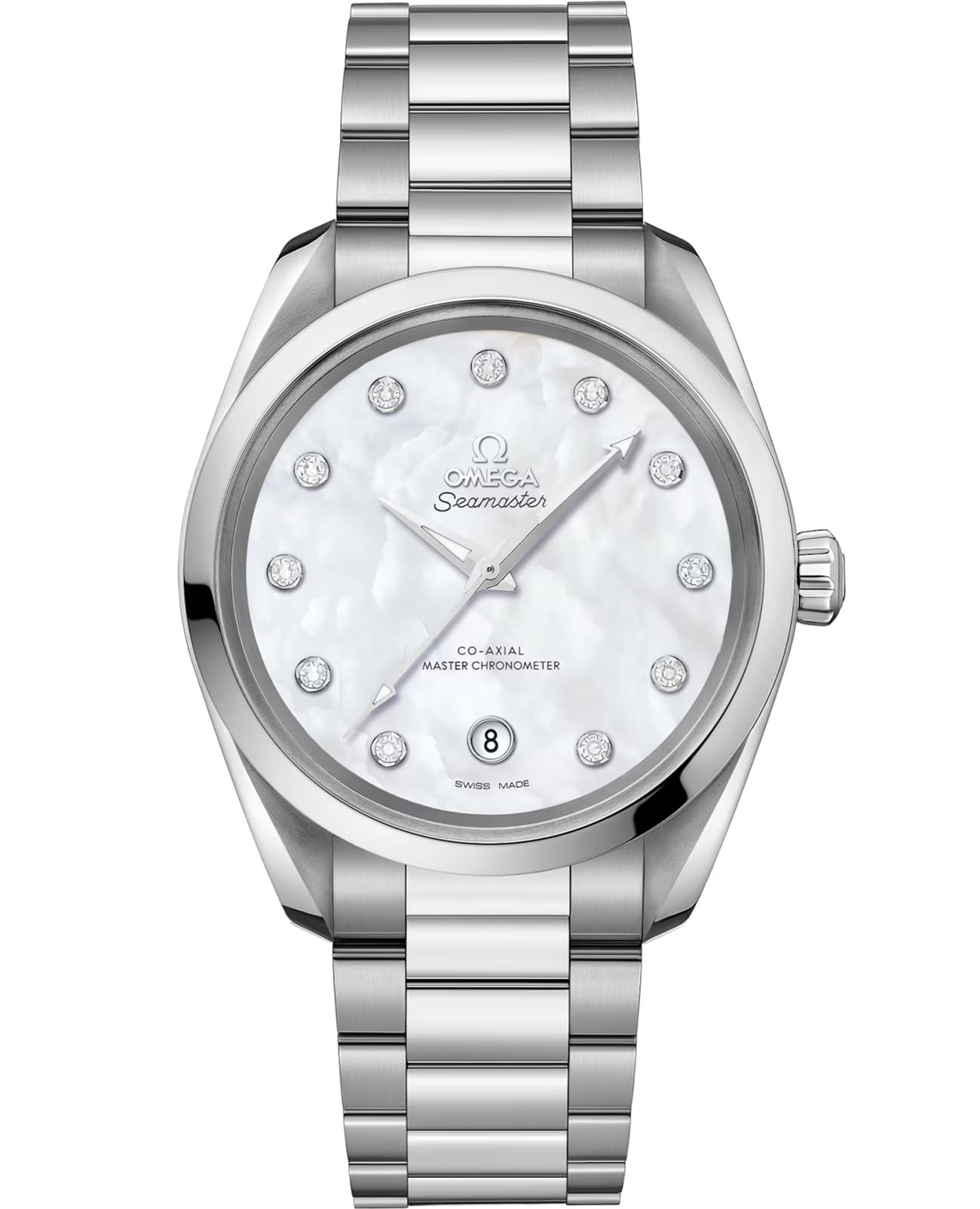 Omega Omega Seamaster Aqua Terra 220.10.38.20.55.001 Aqua Terra 22010382055001 механические женские часы белый циферблат, браслет нержавеющая сталь — вид спереди