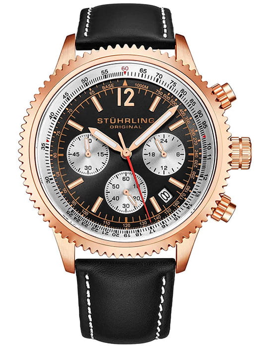 Stuhrling Stuhrling Monaco 4015.3  4015.3 кварцевые мужские часы черный циферблат, браслет кожаный — вид спереди