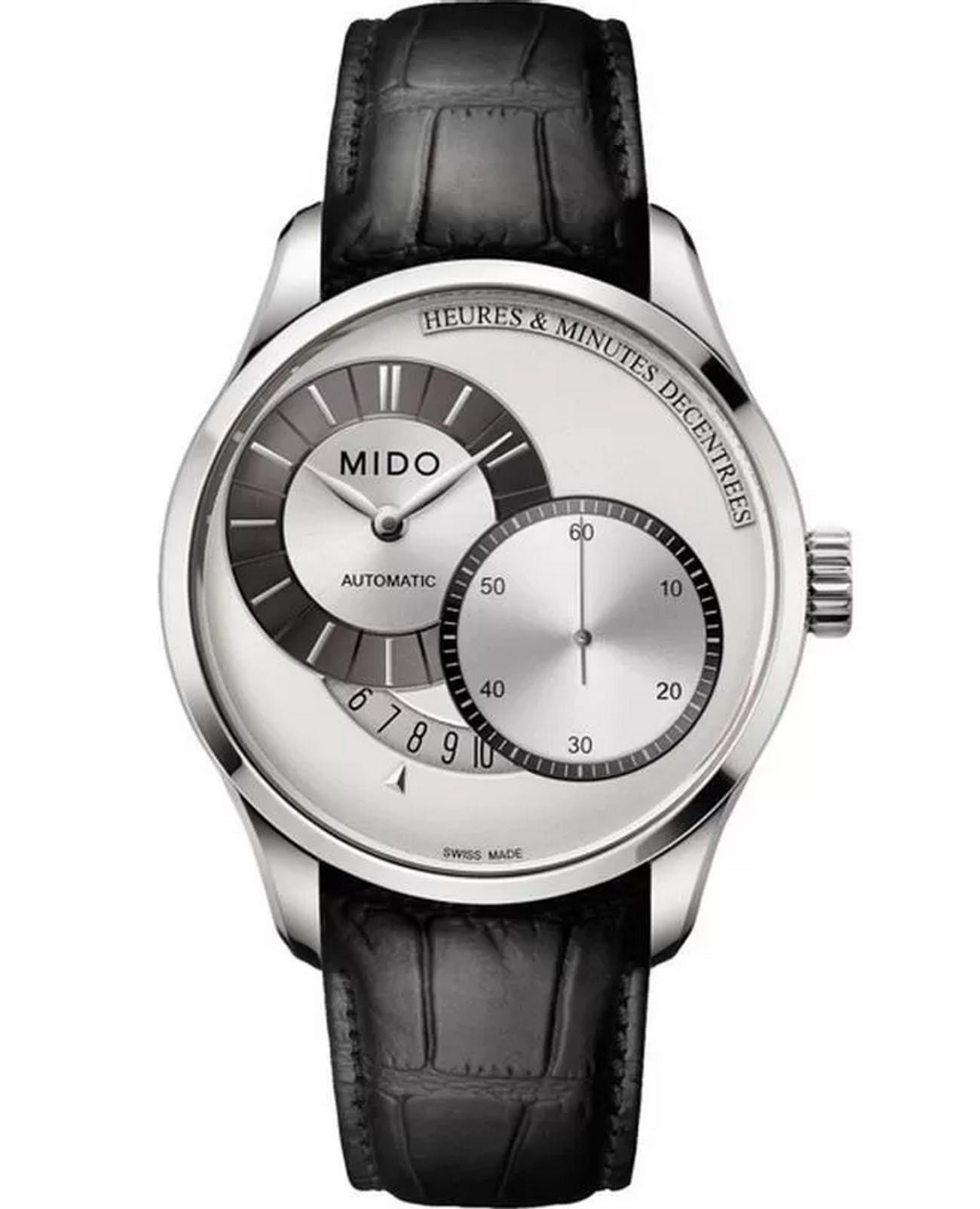 Mido Mido Belluna M024.444.16.031.00  M0244441603100 механические мужские часы серебристый циферблат, браслет кожаный — вид спереди