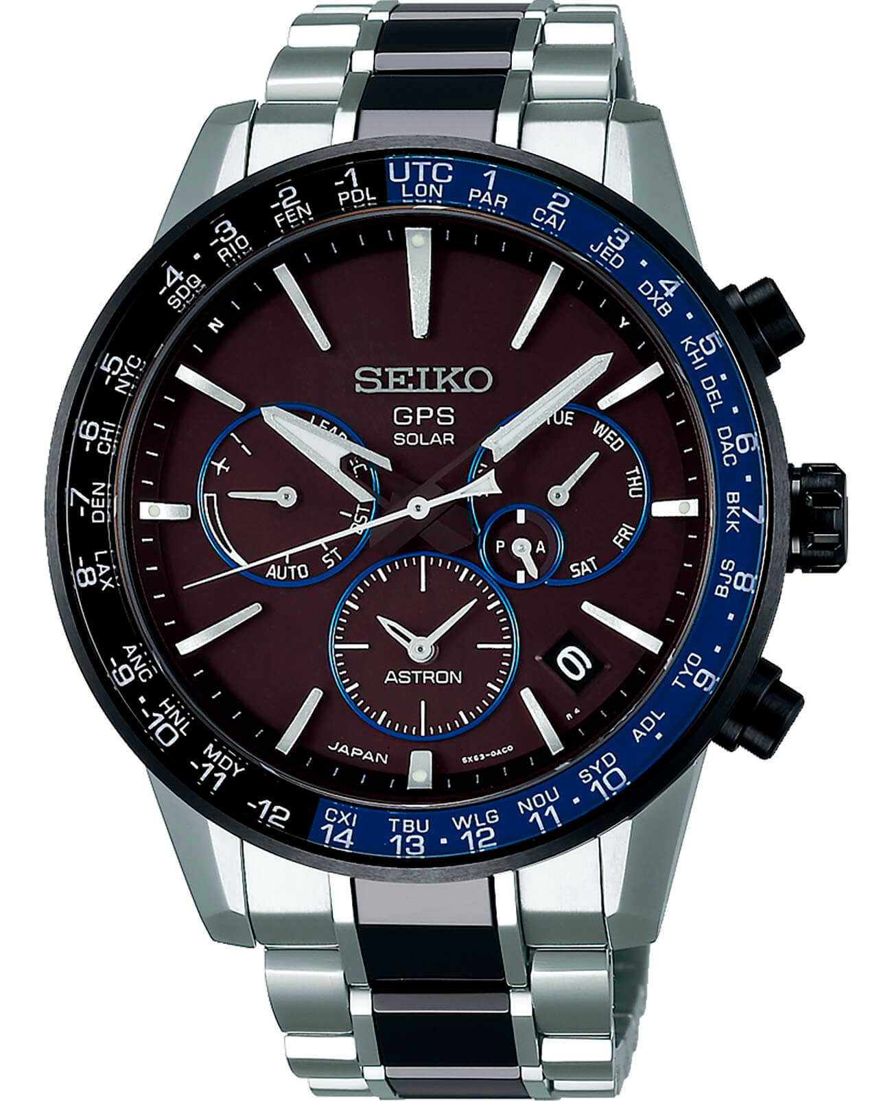 Seiko Seiko Astron GPS Solar SSH009J1  SSH009J1 кварцевые мужские часы черный циферблат, браслет титановый c pvd покрытием — вид спереди