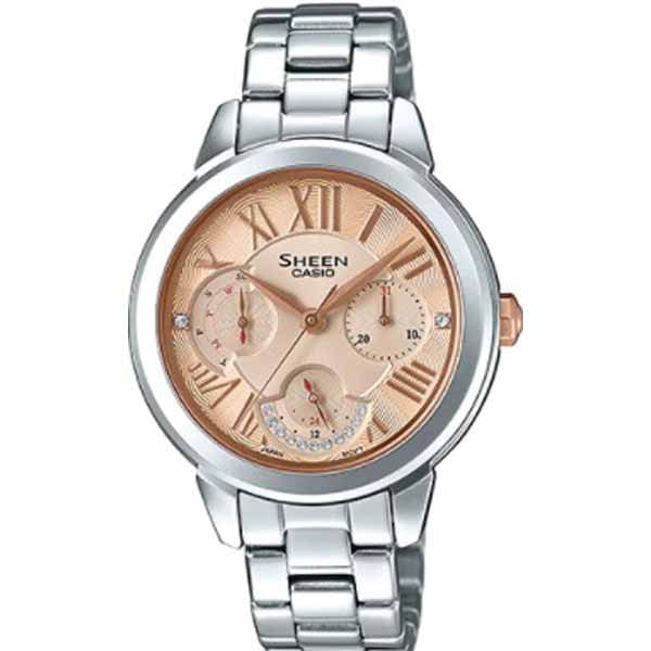 Casio Casio Sheen SHE-3059D-9A  SHE-3059D-9A кварцевые женские часы оранжевый циферблат, браслет 18-каратное желтое золото — вид спереди