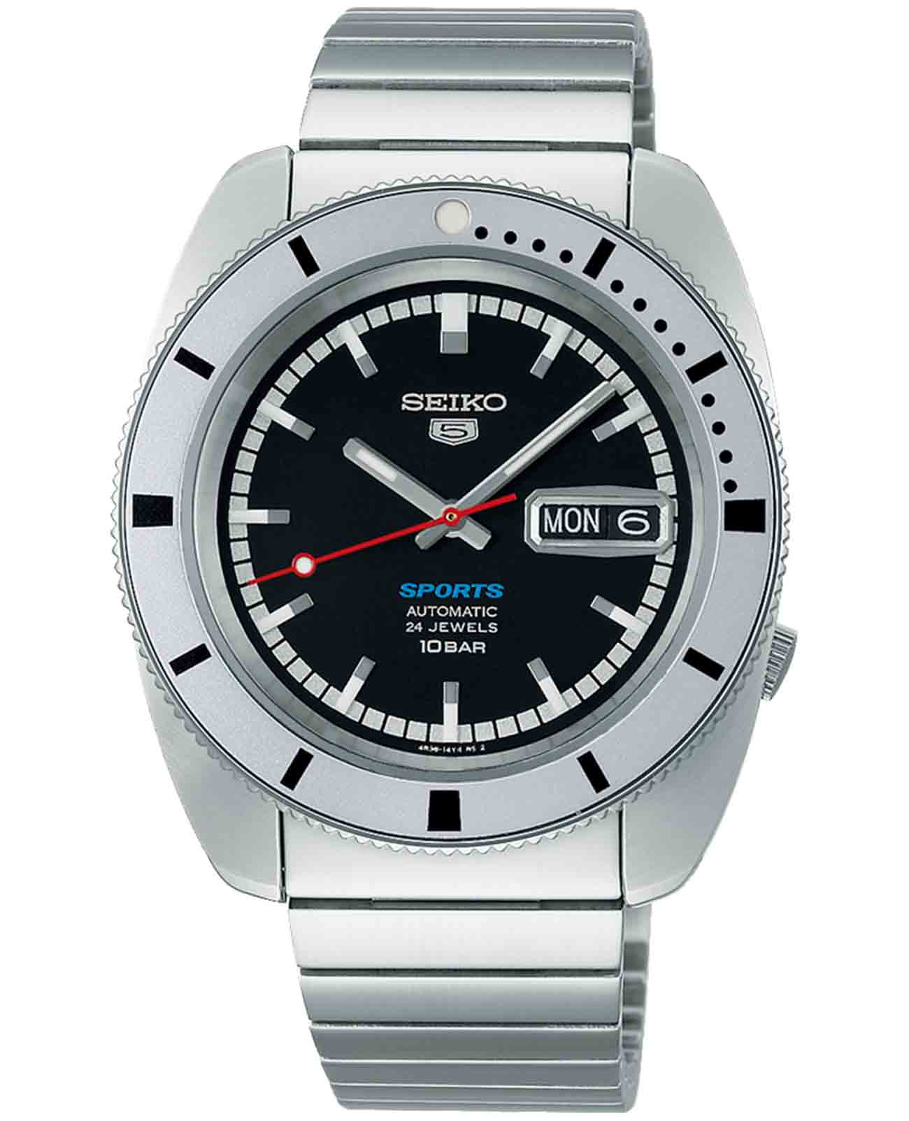 Seiko Seiko 5 Sports SRPL05K1  SRPL05K1 механические мужские часы черный циферблат, браслет нержавеющая сталь — вид спереди