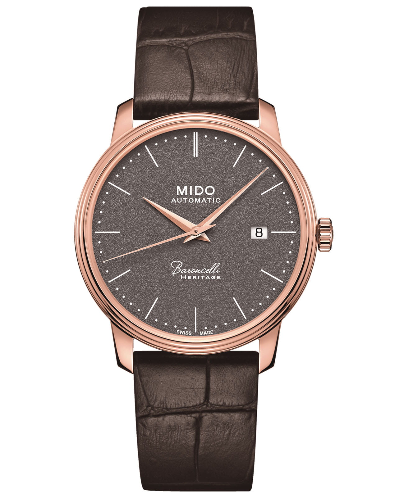 Mido Mido Baroncelli Heritage Gent M027.407.36.080.00  M0274073608000 механические мужские часы антрацитовый циферблат, браслет кожаный — вид спереди