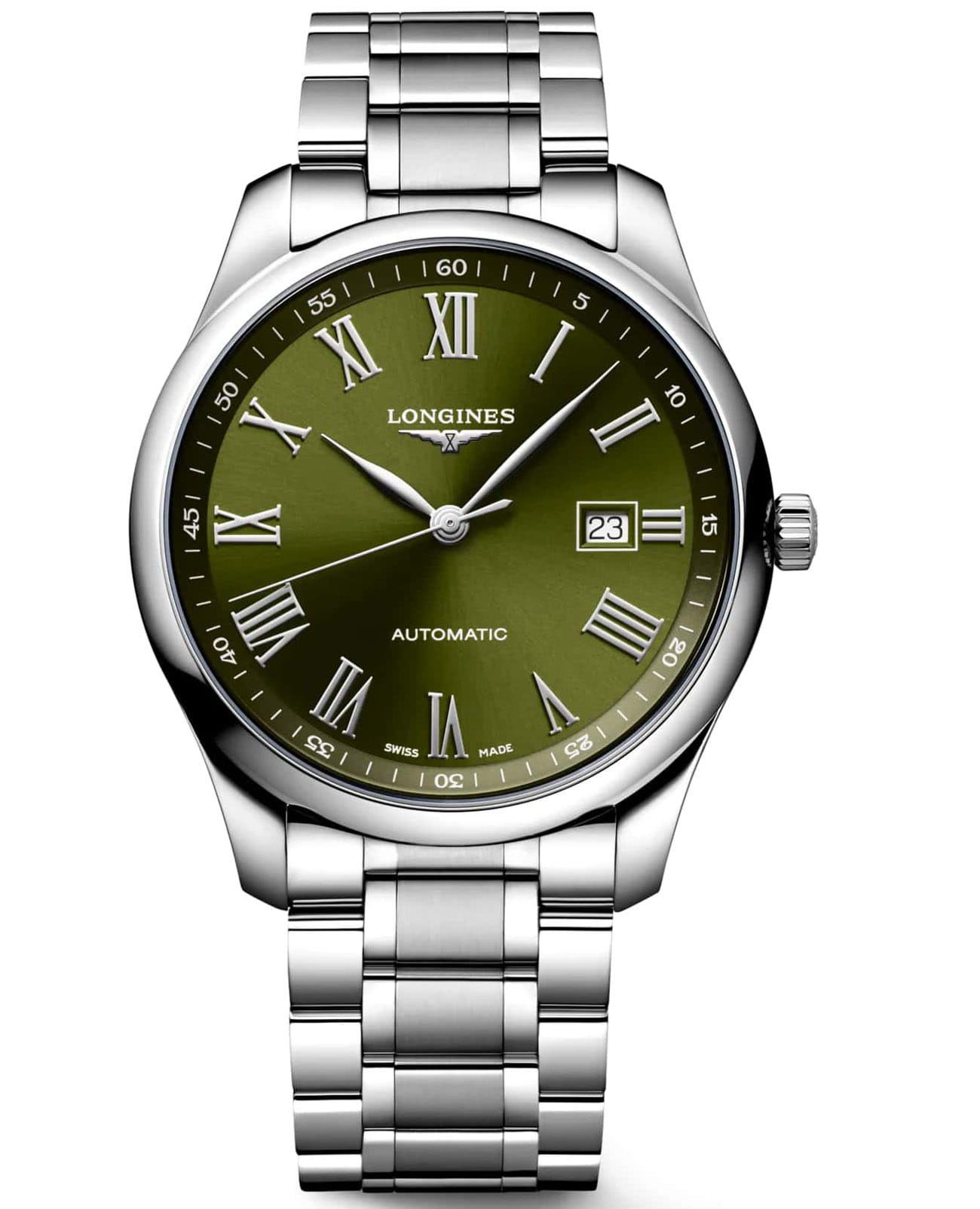 Longines Longines Master Collection L2.893.4.09.6  L28934096 механические мужские часы зеленый циферблат, браслет нержавеющая сталь — вид спереди