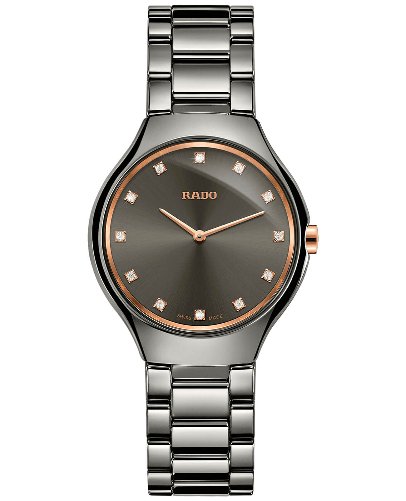 Rado Rado True Thinline Diamonds R27956722  R27956722 кварцевые женские часы серый циферблат, браслет высокотехнологичная плазменная керамика — вид спереди