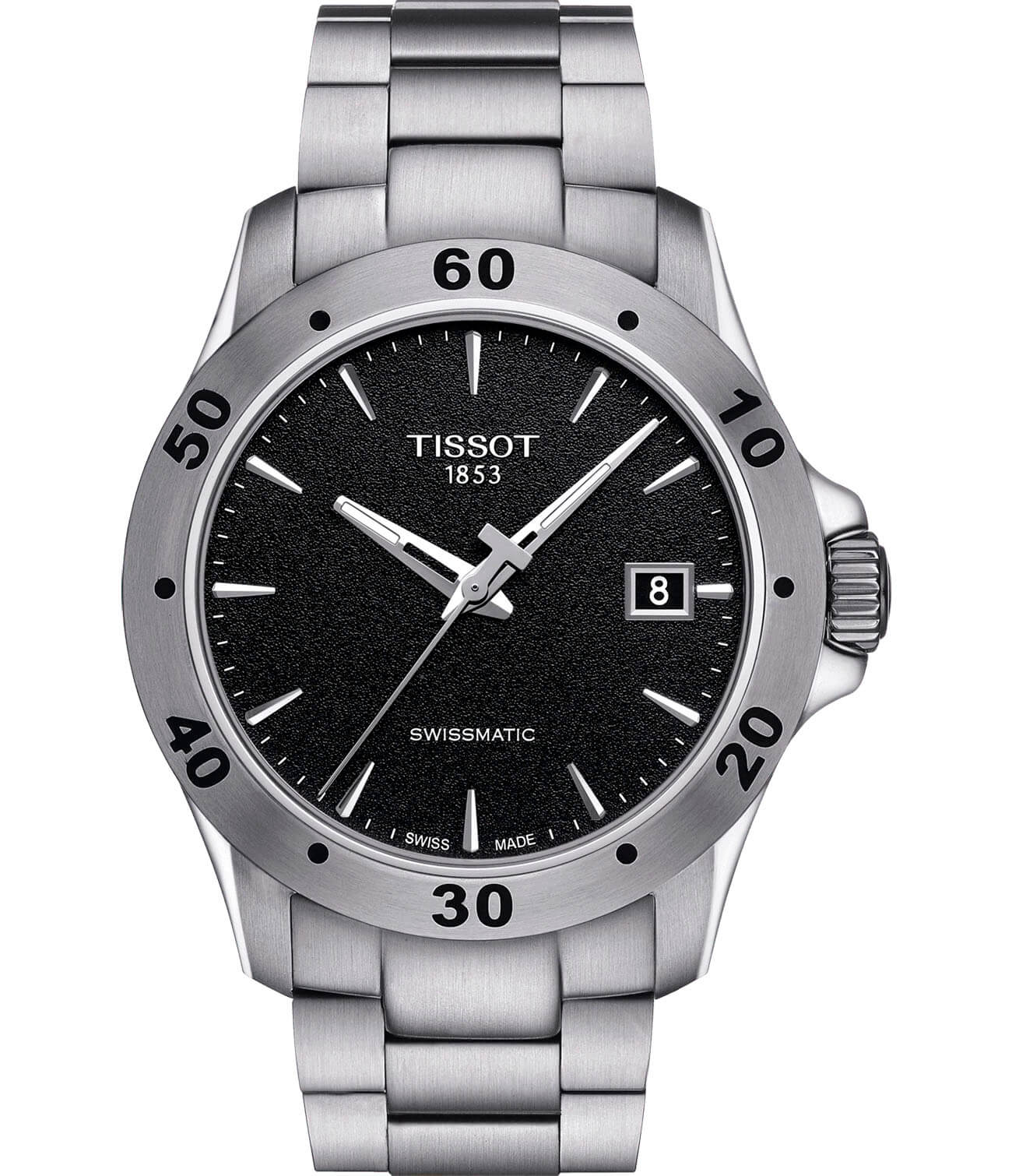 Tissot Tissot V8 Swissmatic T106.407.11.051.00 V8  T1064071105100 механические мужские часы черный циферблат, браслет нержавеющая сталь — вид спереди