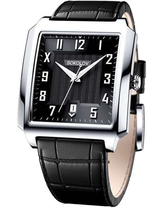 Sokolov 134.30.00.000.05.01.3  134.30.00.000.05.01.3 кварцевые мужские часы черный циферблат, браслет кожаный — вид спереди