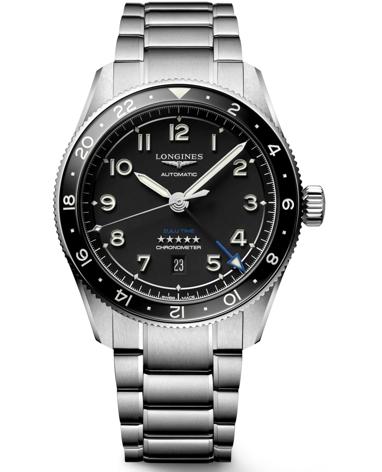 Longines Longines Spirit L3.812.4.53.6  L38124536 механические мужские часы черный циферблат, браслет нержавеющая сталь — вид спереди