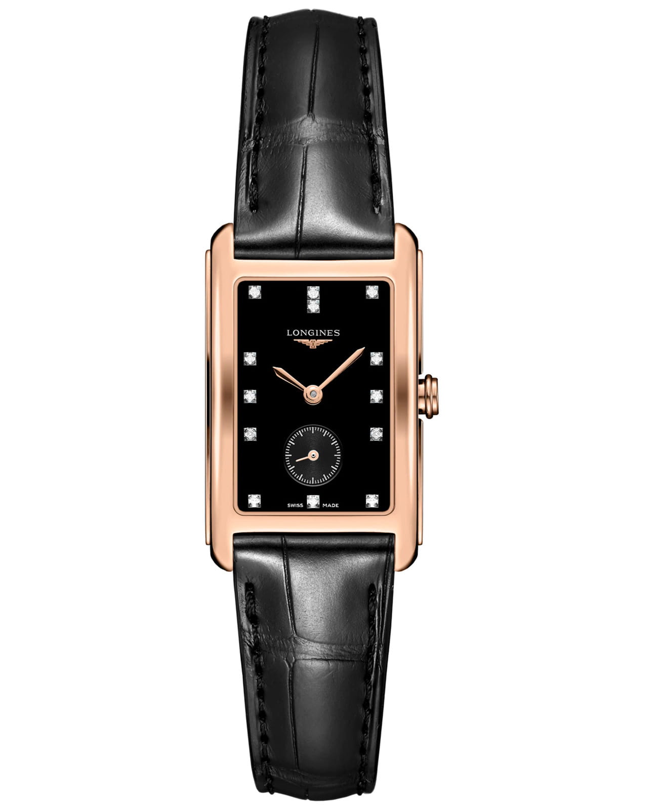 Longines Longines DolceVita L5.512.8.57.0  L55128570 кварцевые женские часы черный циферблат, браслет кожаный — вид спереди