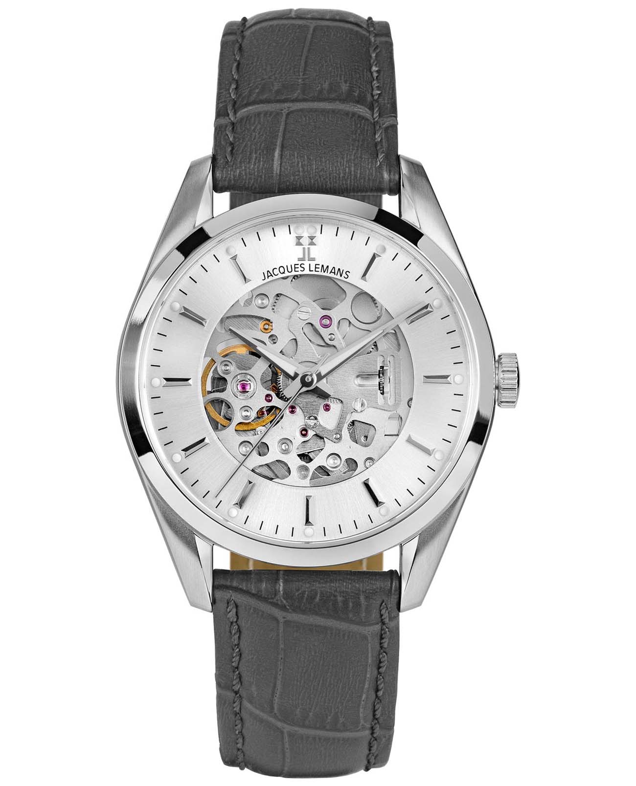 Jacques Lemans Jacques Lemans 1-2087A  1-2087A механические мужские часы белый циферблат, браслет кожаный — вид спереди