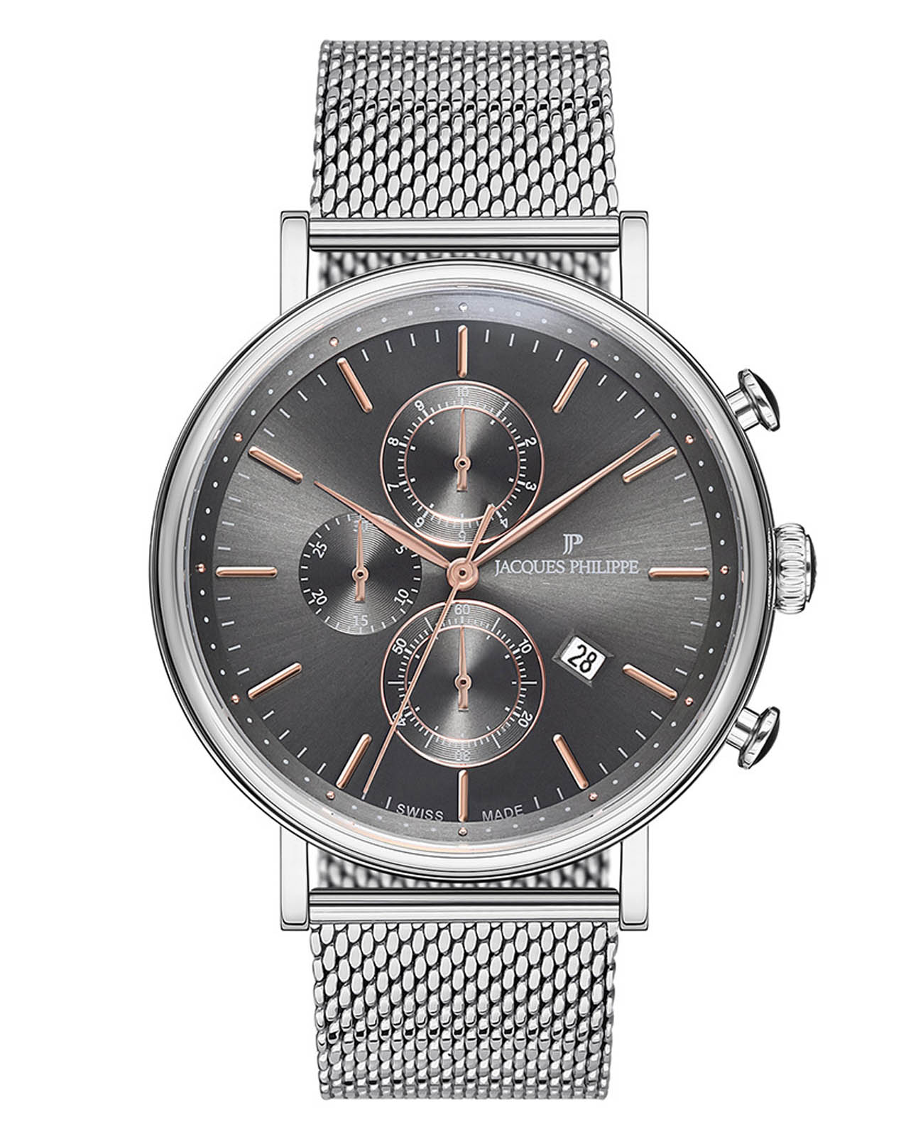 Jacques Philippe Jacques Philippe Aviator JPQGC021246  JPQGC021246 кварцевые мужские часы серый циферблат, браслет нержавеющая сталь — вид спереди