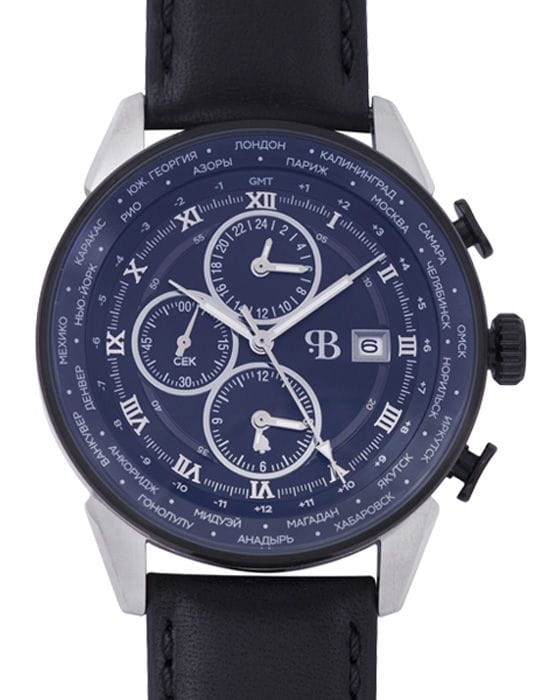 Русское Время Русское Время 75175752  75175752 кварцевые мужские часы синий циферблат, браслет кожаный — вид спереди