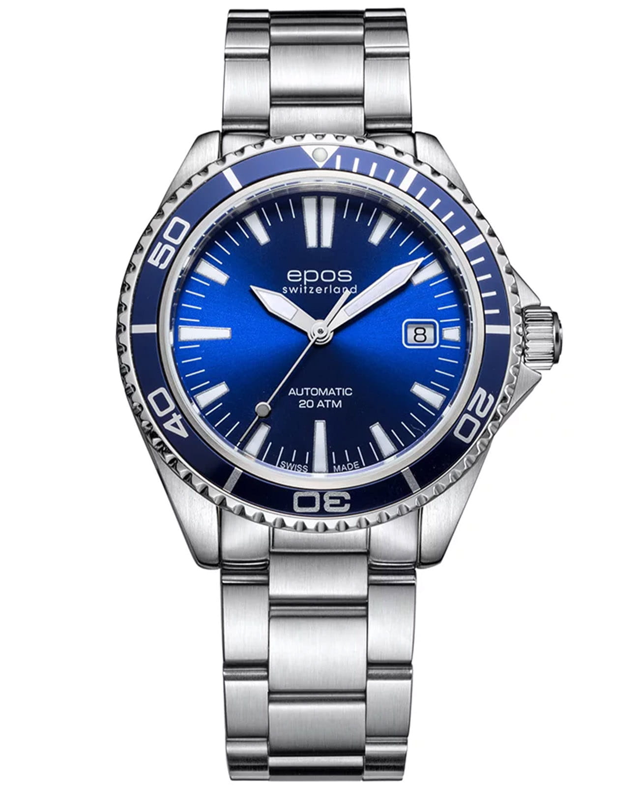 Epos Epos Diver 3438.131.96.16.30  3438.131.96.16.30 механические мужские часы синий циферблат, браслет нержавеющая сталь — вид спереди