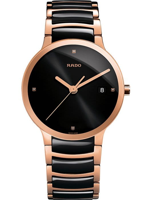 Rado Rado Centrix Diamonds R30554712  R30554712 кварцевые мужские часы черный циферблат, браслет сталь + pvd + керамика — вид спереди