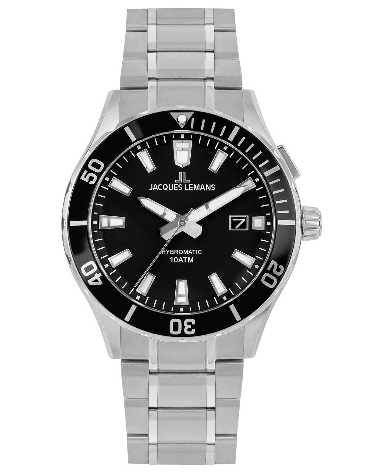 Jacques Lemans Jacques Lemans Hybromatic 1-2131D  1-2131D кварцевые мужские часы черный циферблат, браслет нержавеющая сталь — вид спереди