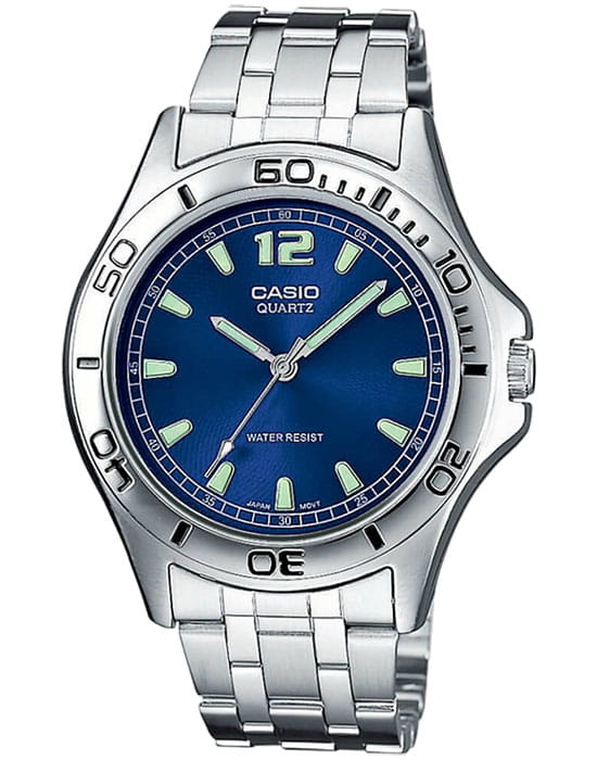 Casio Casio MTP-1258PD-2A  MTP-1258PD-2A кварцевые мужские часы синий циферблат, браслет нержавеющая сталь — вид спереди
