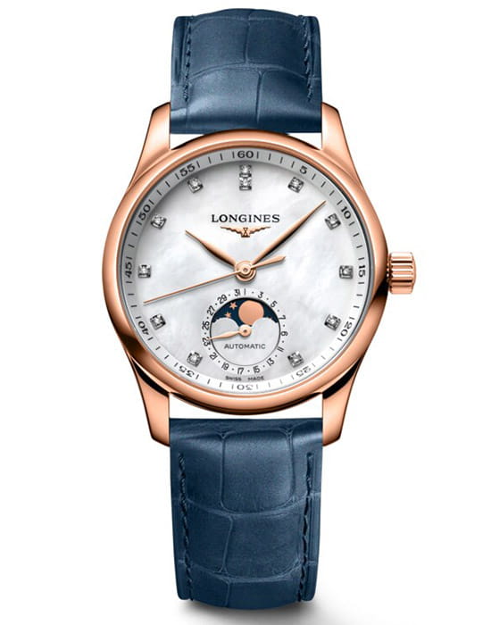 Longines Longines Master Collection Moonphase l2.409.8.87.2  L24098872 механические женские часы белый циферблат, браслет кожаный — вид спереди