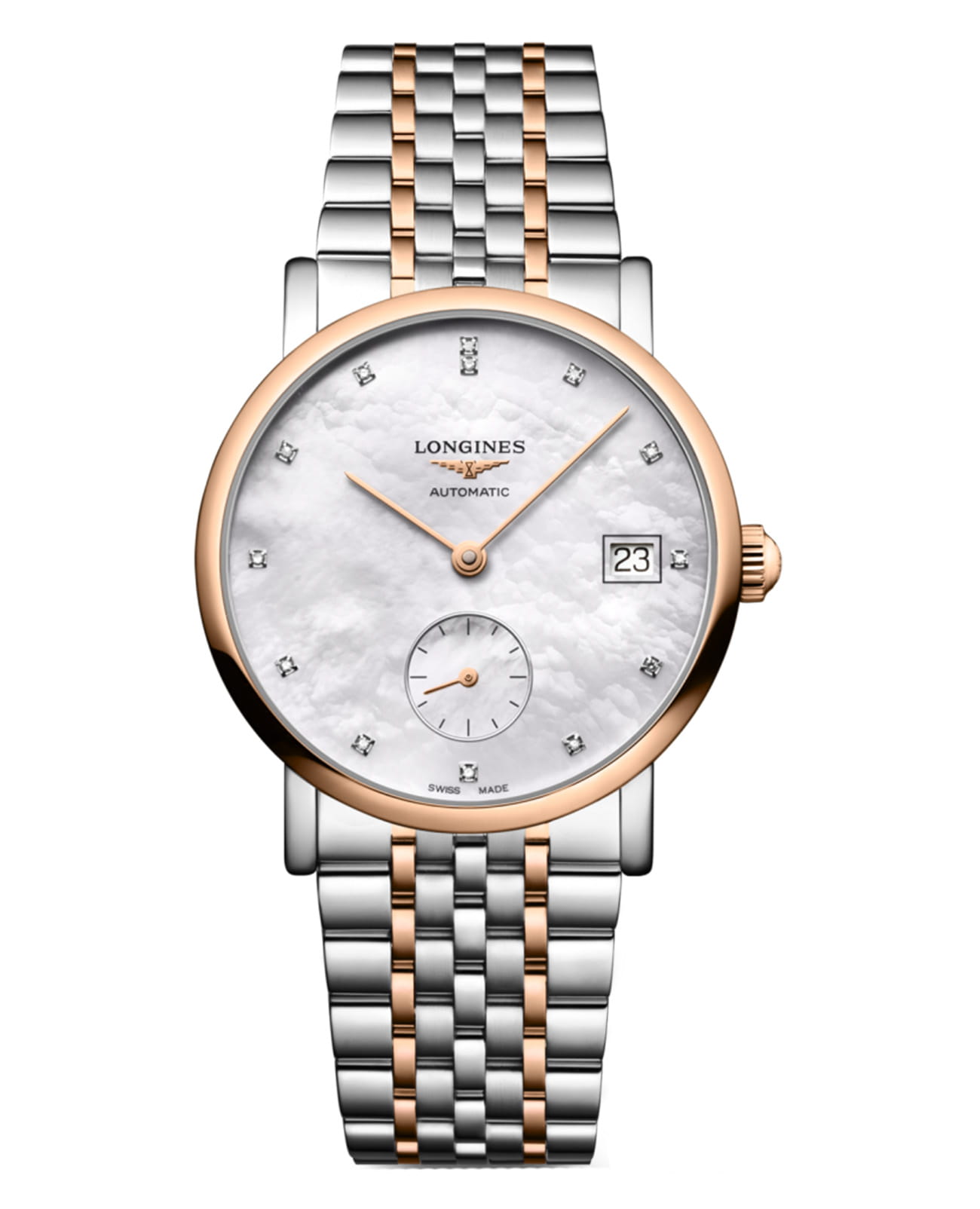 Longines Longines Elegant Collection L4.312.5.87.7  L43125877 механические женские часы перламутровый циферблат, браслет нержавеющая сталь и 18 каратное розовое золото — вид спереди