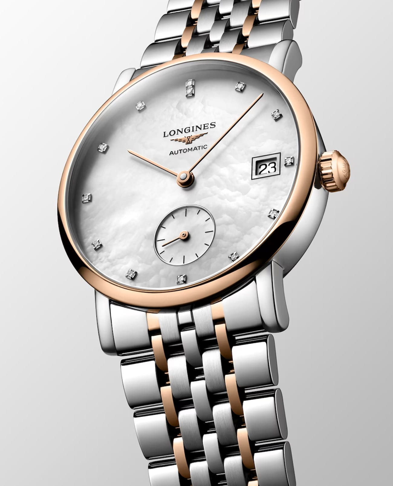 Longines Longines Elegant Collection L4.312.5.87.7, elegant collection швейцария женские часы на браслете нержавеющая сталь и 18 каратное розовое золото боковой вид