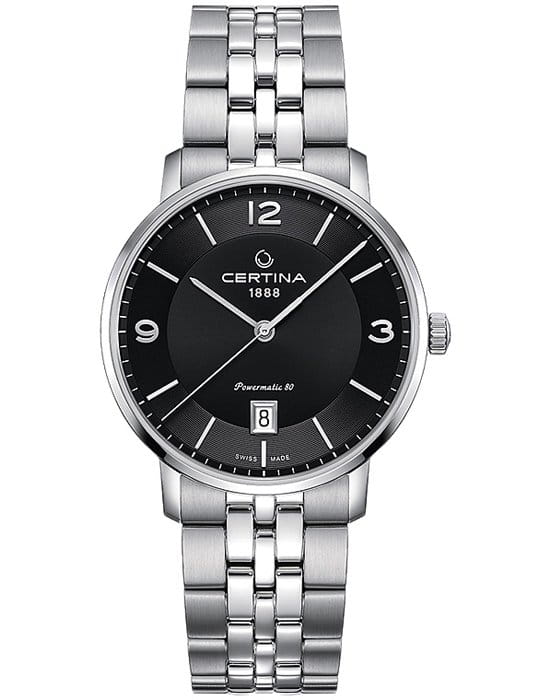 Certina Certina DS Caimano Lady Powermatic 80 C035.207.11.057.00 DS Caimano C0352071105700 механические женские часы черный циферблат, браслет нержавеющая сталь — вид спереди