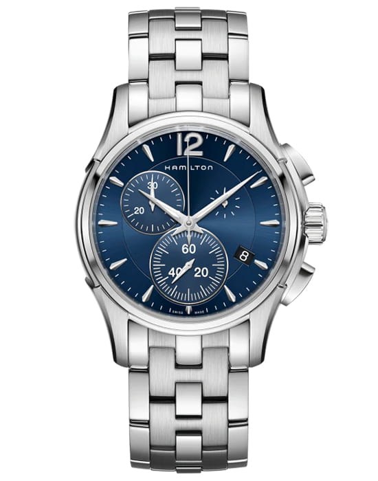 Hamilton Hamilton Jazzmaster Chrono Quartz H32612141  H32612141 кварцевые мужские часы синий циферблат, браслет нержавеющая сталь — вид спереди
