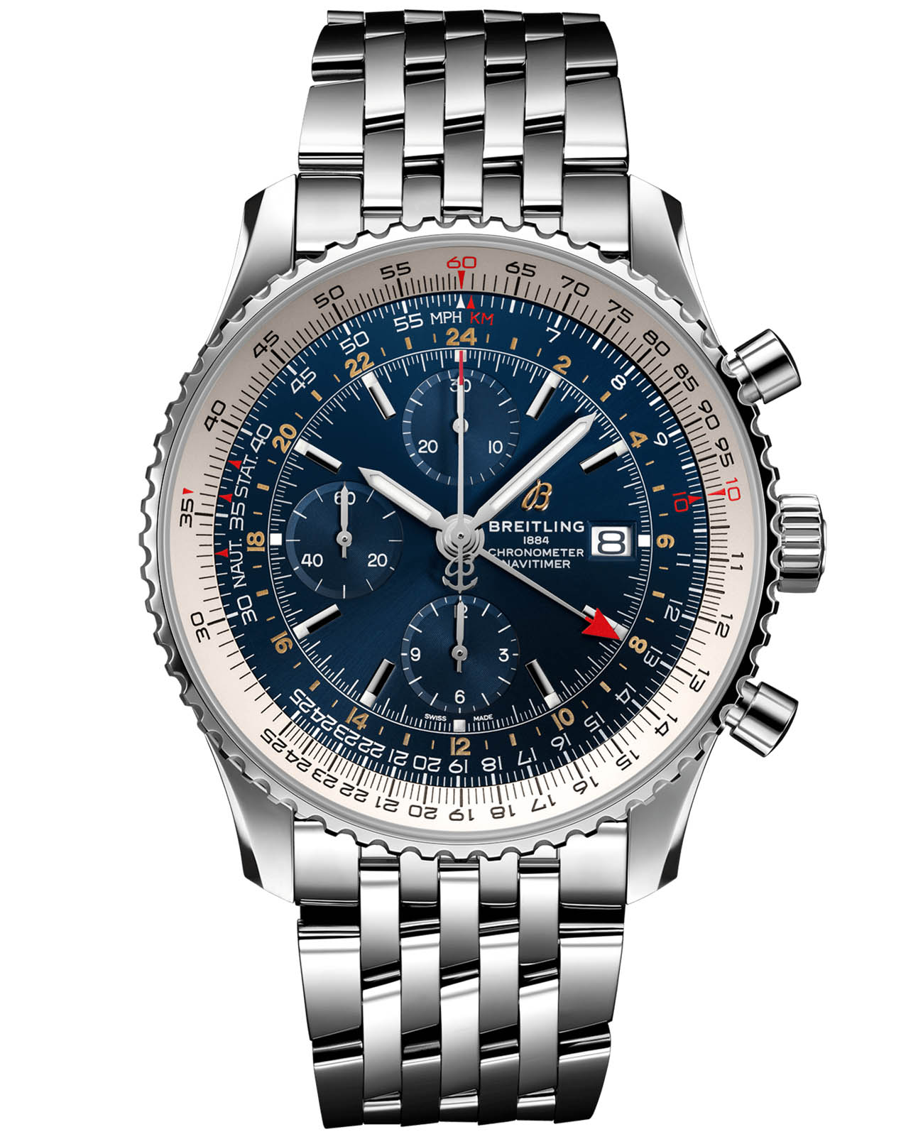 Breitling Breitling Navitimer Chronograph GMT 46 A24322121C2A1  A24322121C2A1 механические мужские часы синий циферблат, браслет нержавеющая сталь — вид спереди