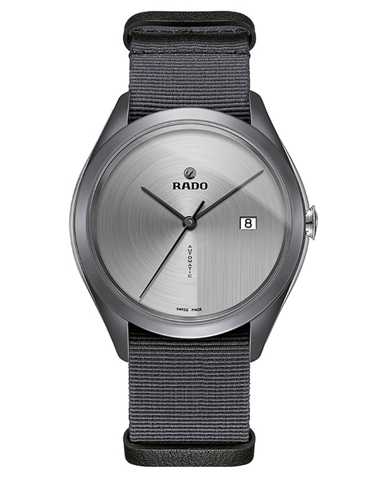 Rado Rado Hyperchrome R32069115 Automatic R32069115 механические мужские часы серый циферблат, браслет нейлон — вид спереди