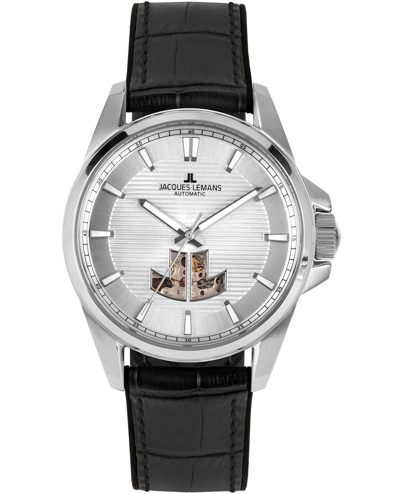 Jacques Lemans Jacques Lemans Sport 1-2209B  1-2209B механические мужские часы серебристый циферблат, браслет кожа + силикон — вид спереди