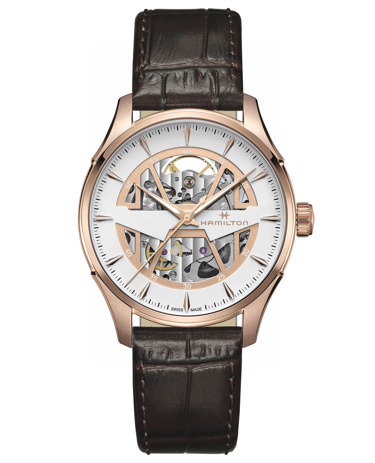 Hamilton Hamilton Jazzmaster Skeleton Auto H42505510  H42505510 механические мужские часы белый циферблат, браслет кожаный — вид спереди