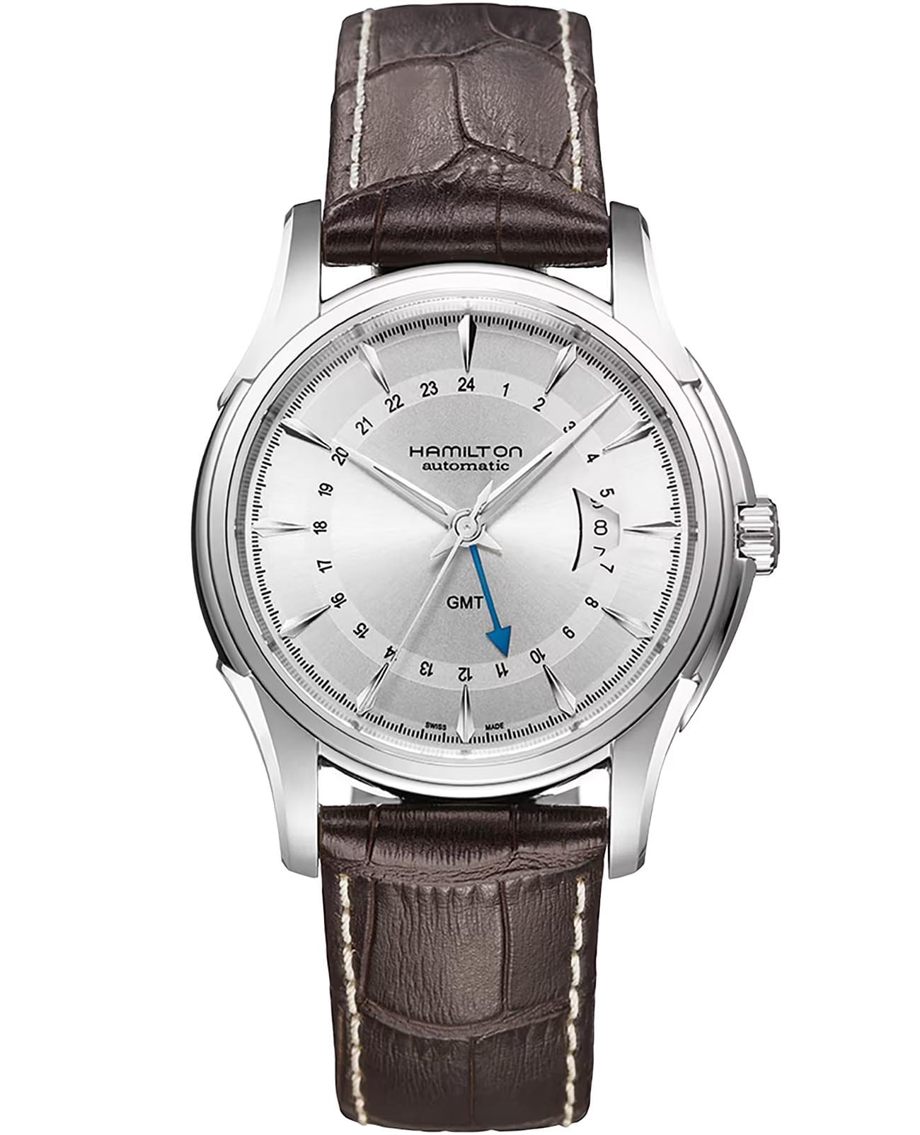 Hamilton Hamilton Jazzmaster Traveler GMT Auto H32585551  H32585551 механические мужские часы коричневый циферблат, браслет кожаный — вид спереди
