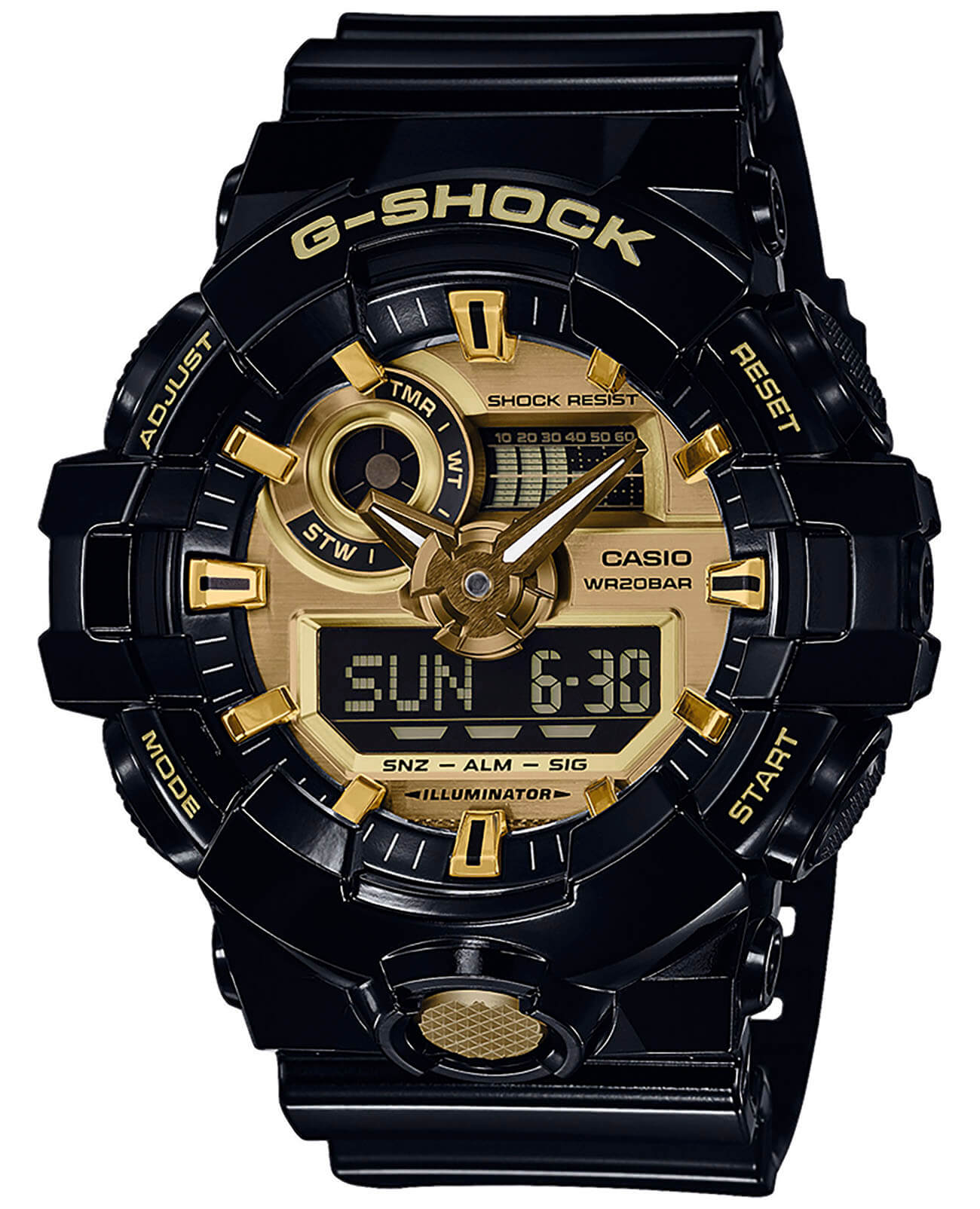 Casio Casio G-Shock GA-710GB-1A GA GA-710GB-1A электронные мужские часы желтый циферблат, браслет полимер — вид спереди