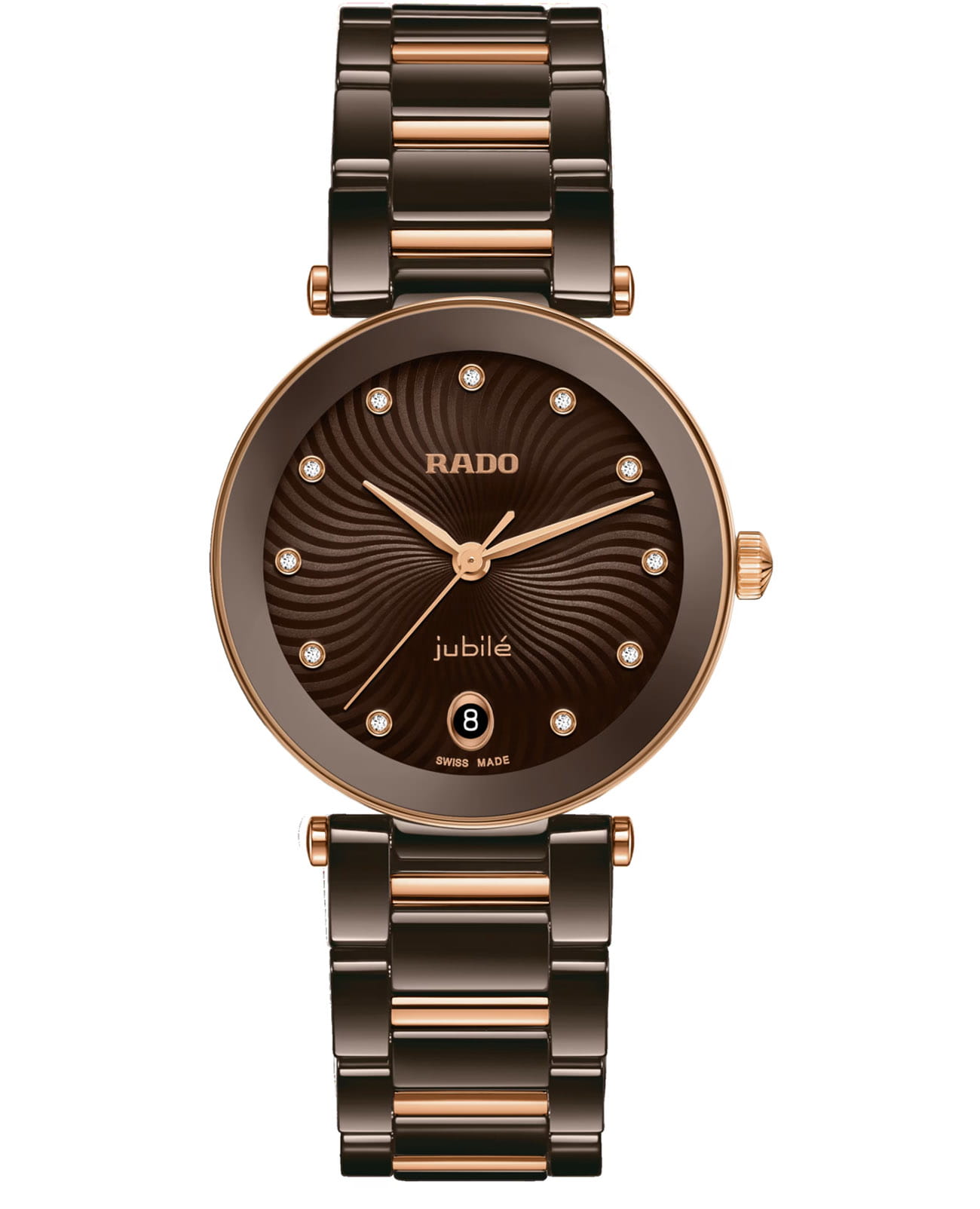Rado Rado LaCoupole Diamonds R22242703  R22242703 кварцевые женские часы коричневый циферблат, браслет высокотехнологичная керамика + нержавеющая сталь с pvd покрытием — вид спереди