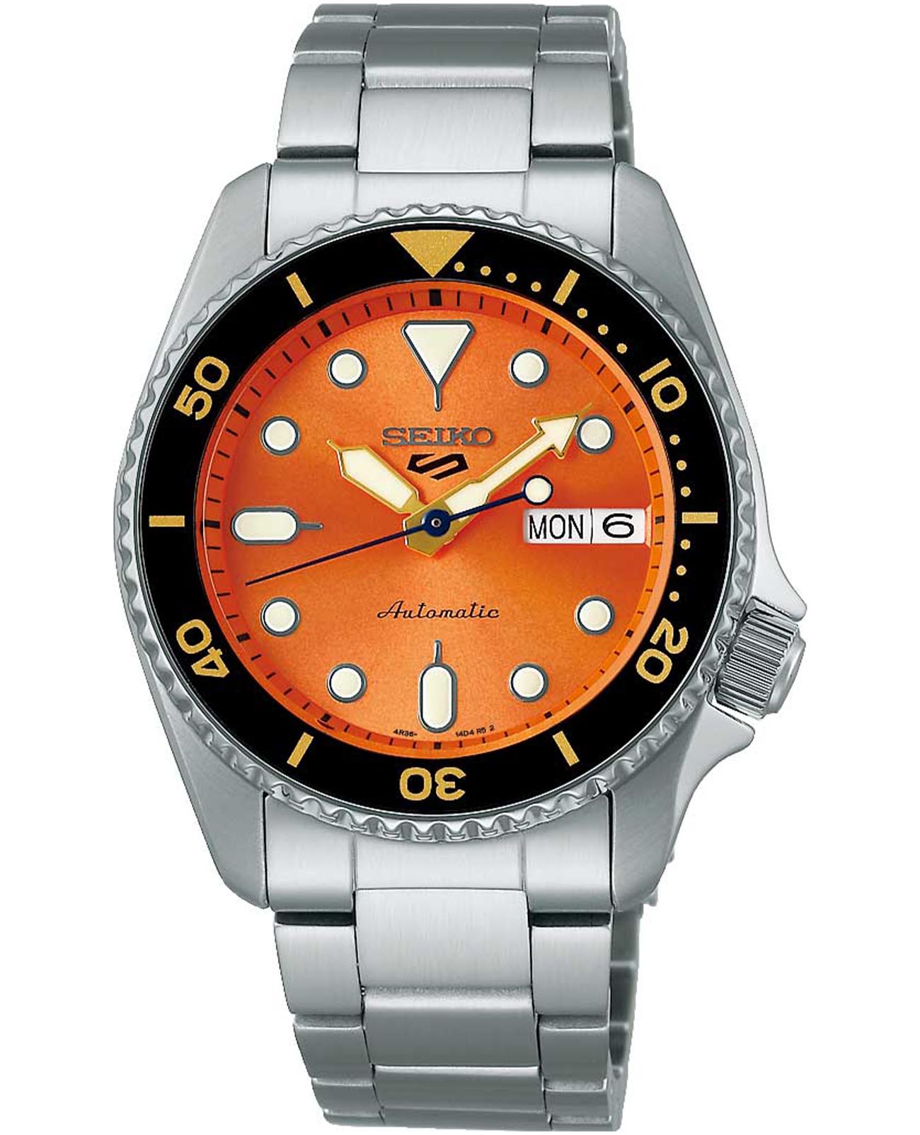 Seiko Seiko 5 Sports SRPK35K1  SRPK35K1 механические мужские часы оранжевый циферблат, браслет нержавеющая сталь — вид спереди