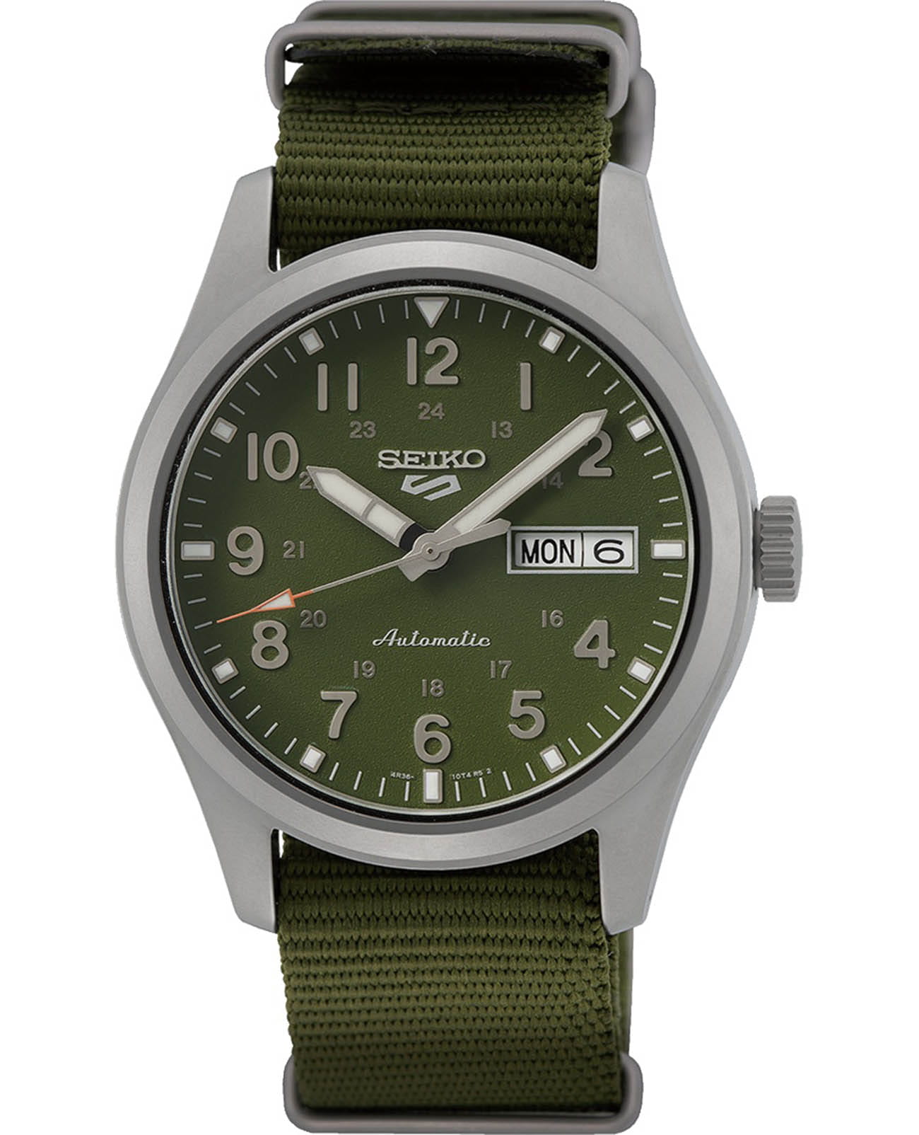 Seiko Seiko 5 Sports Field series SRPG33K1S Field SRPG33K1S механические мужские часы зеленый циферблат, браслет тканевый — вид спереди