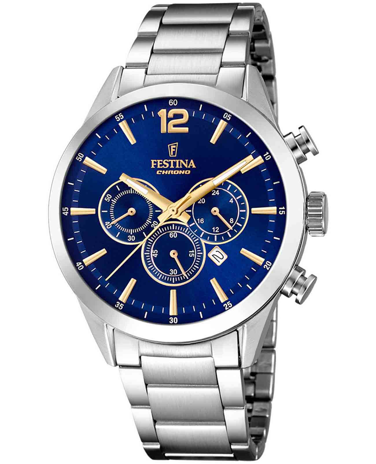 Festina Festina Timeless Chrono F20343/2  F20343/2 кварцевые мужские часы синий циферблат, браслет нержавеющая сталь — вид спереди