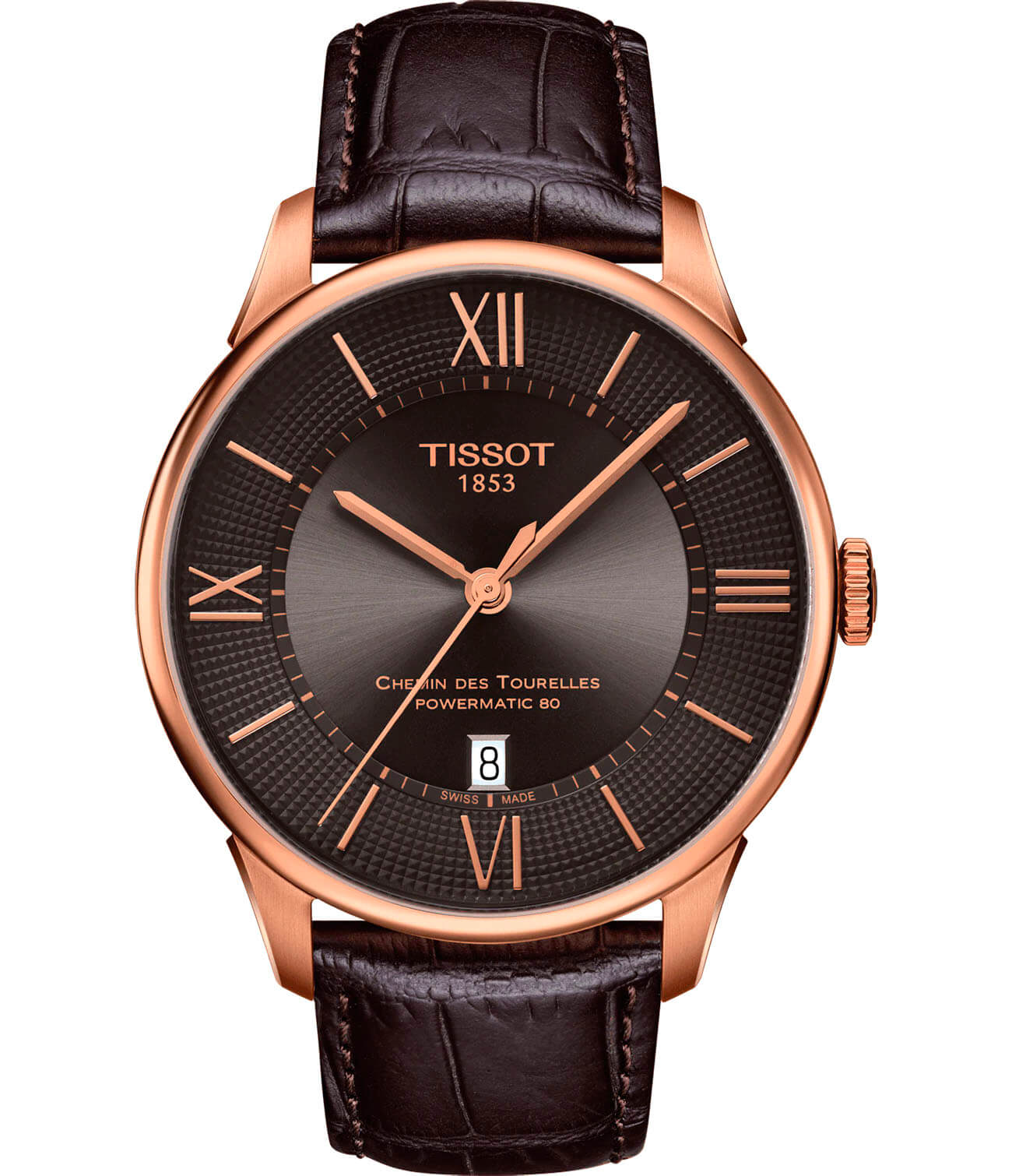Tissot Tissot Chemin des Tourelles Powermatic 80 T099.407.36.448.00 Chemin des Tourelles T0994073644800 механические мужские часы коричневый циферблат, браслет кожаный — вид спереди