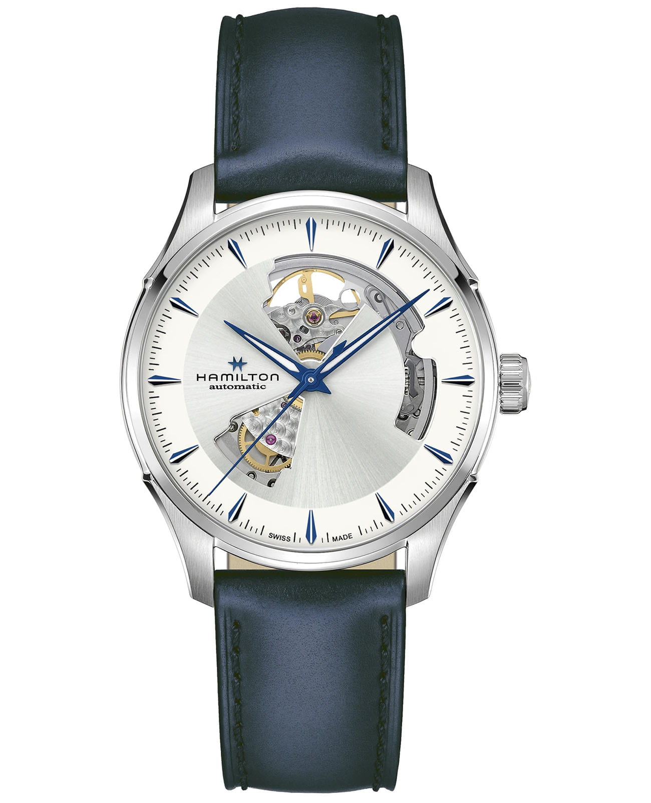 Hamilton Hamilton Jazzmaster Open Heart Auto H32675650  H32675650 механические мужские часы серебристый циферблат, браслет кожаный — вид спереди