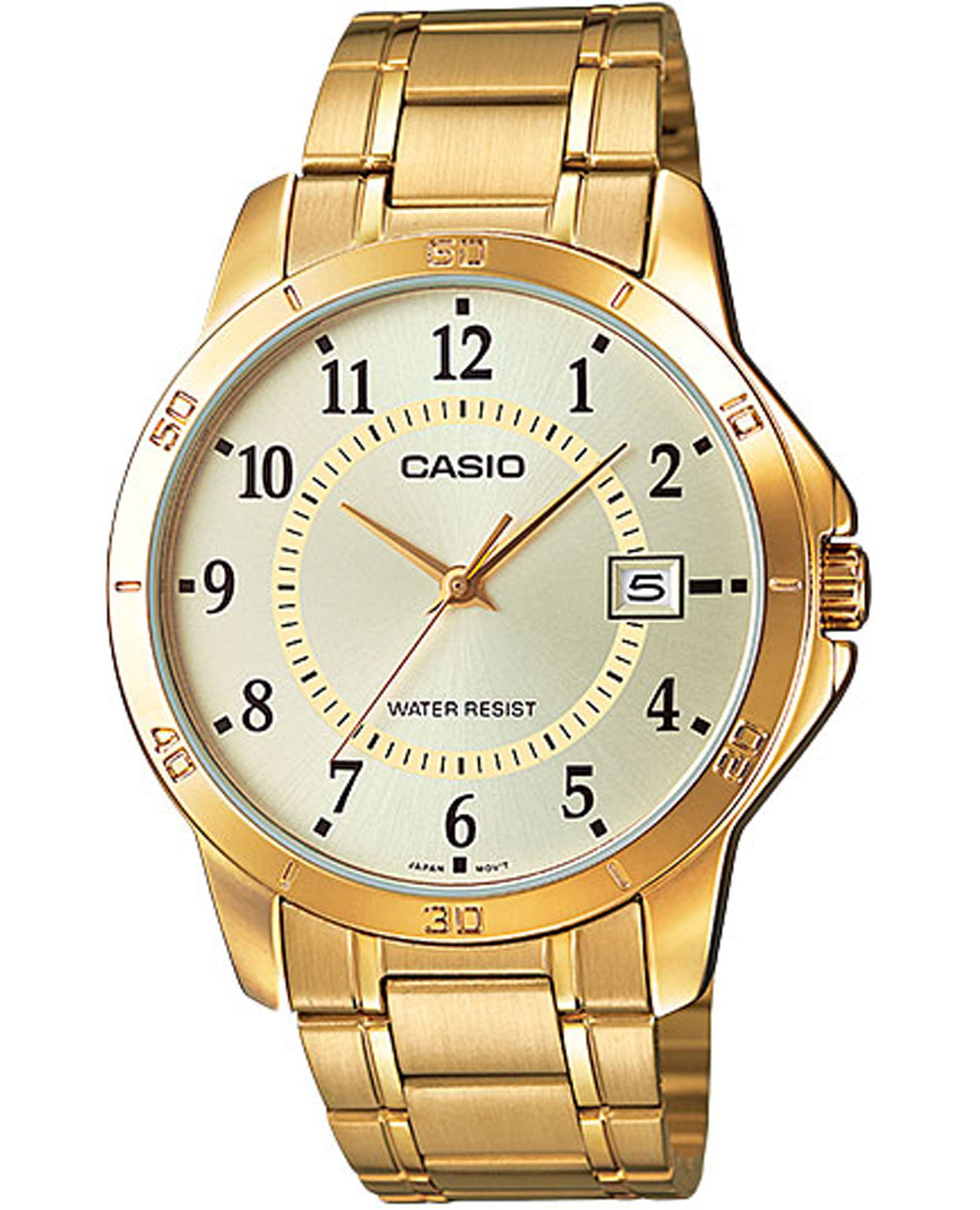 Casio Casio Collection MTP-V004G-9BUDF (MTP-V004G-9B)  MTP-V004G-9B кварцевые мужские часы шампань циферблат, браслет нержавеющая сталь с ip-покрытием — вид спереди
