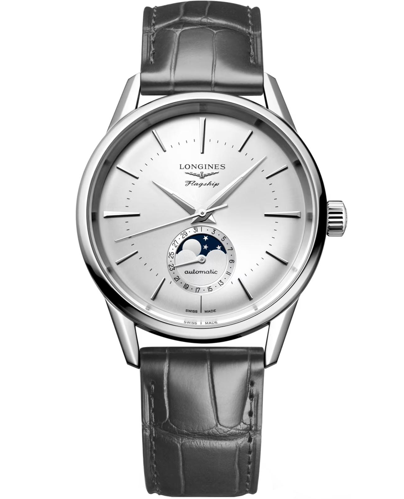 Longines Longines Flagship Heritage L4.815.4.72.2  L48154722 механические мужские часы серебристый циферблат, браслет кожаный — вид спереди