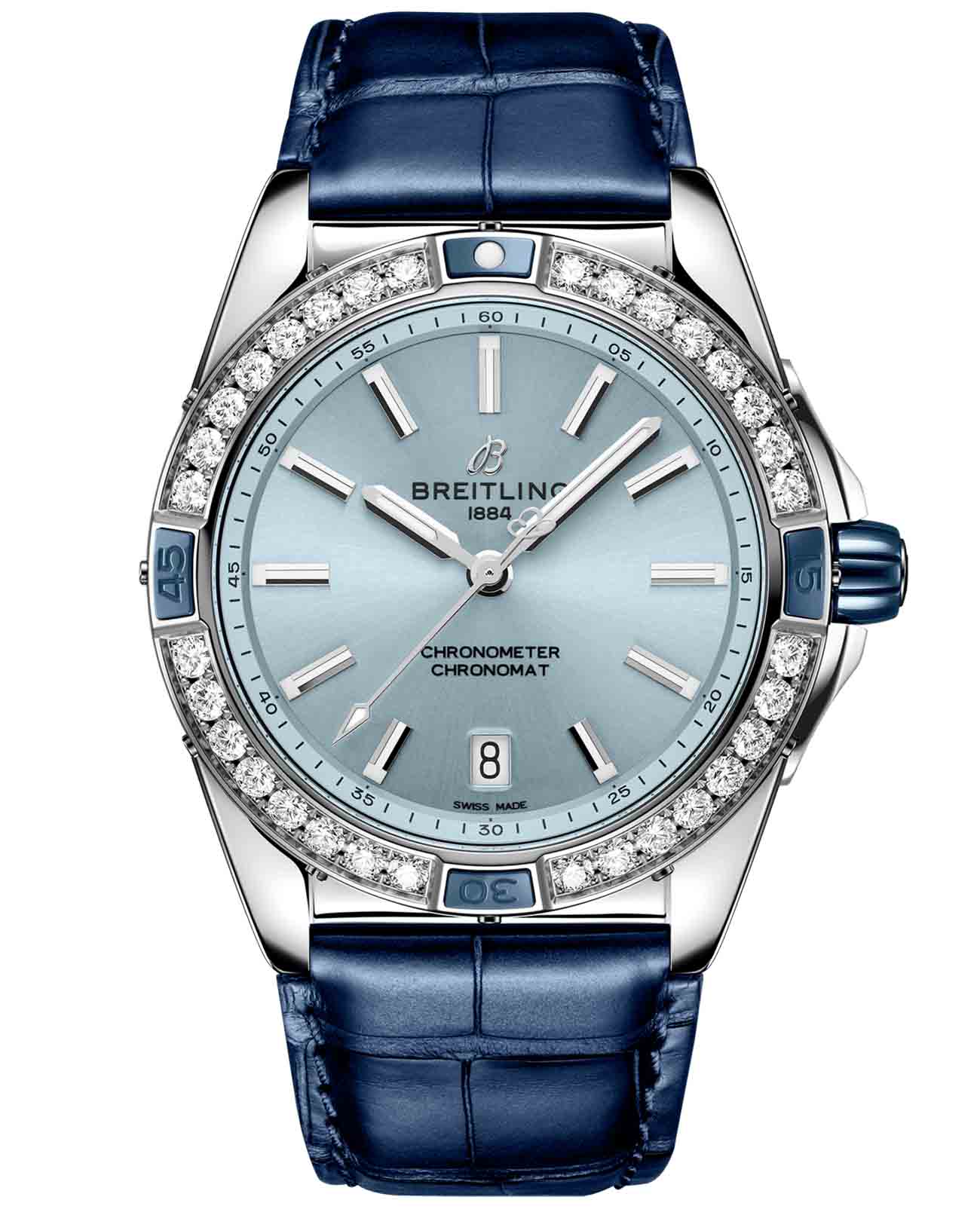 Breitling Breitling Super Chronomat Automatic 38 A17356531C1P1  A17356531C1P1 механические женские часы голубой циферблат, браслет кожаный — вид спереди