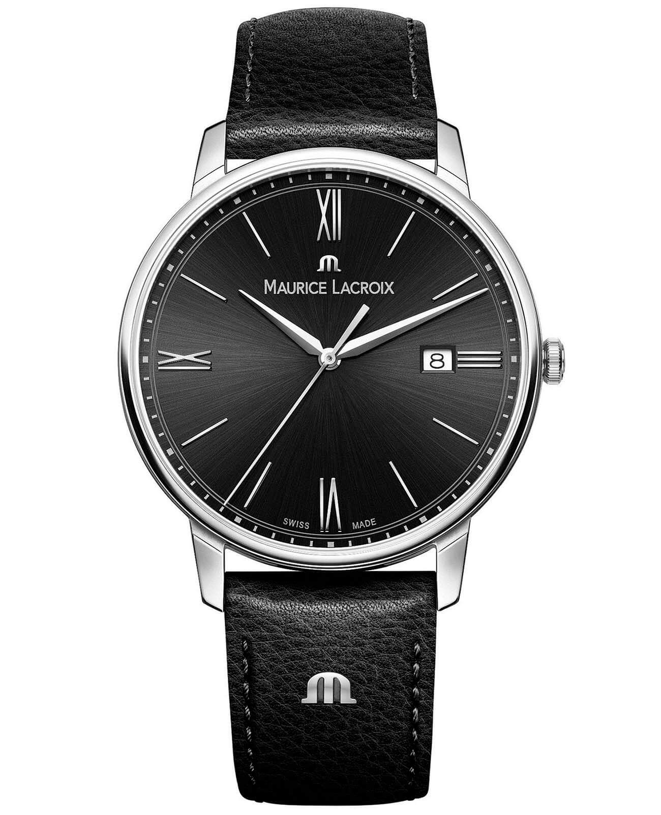 Maurice Lacroix Maurice Lacroix Eliros Date EL1118-SS001-310-1  EL1118-SS001-310-1 кварцевые мужские часы черный циферблат, браслет кожаный — вид спереди