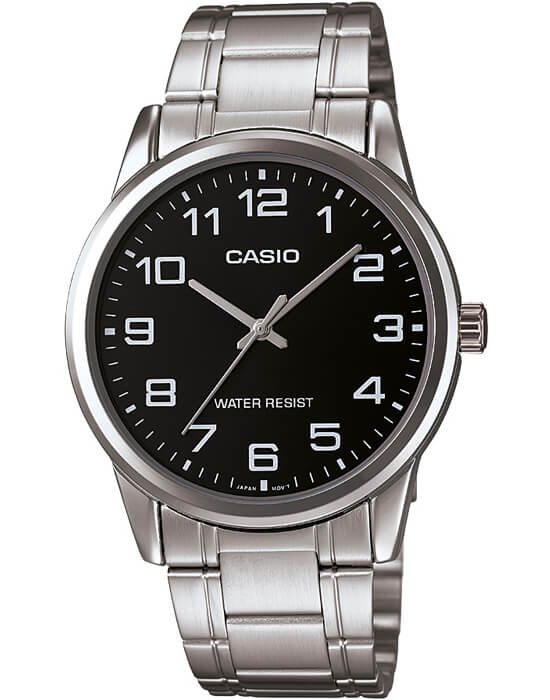Casio Casio MTP-V001D-1B  MTP-V001D-1B кварцевые мужские часы черный циферблат, браслет 18-каратное желтое золото — вид спереди