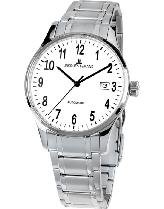 Jacques Lemans Jacques Lemans Classic 1-2073H  1-2073H механические мужские часы белый циферблат, браслет нержавеющая сталь — вид спереди